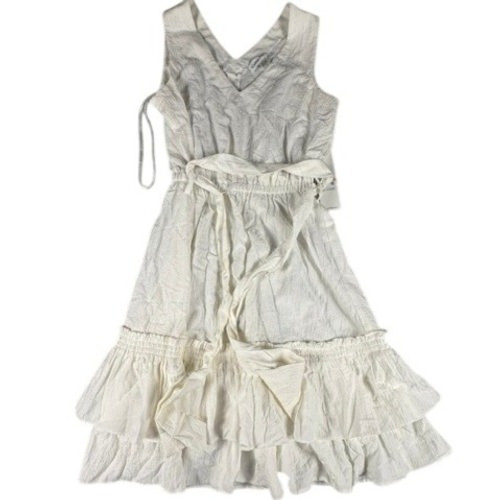 Calvin Klein Dress Women 2 White Seersucker V-Neck Tiered Ruffle Sleeveless Midi